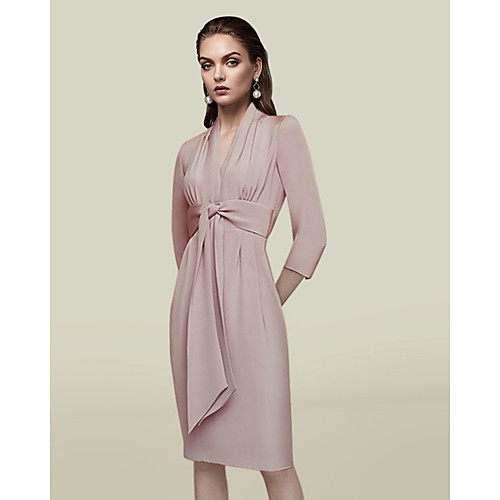 

Sheath / Column Mother of the Bride Dress Elegant V Neck Knee Length Charmeuse 3/4 Length Sleeve with Sash / Ribbon Pleats 2021