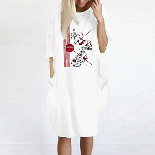 

Women's T Shirt Dress Tee Dress Knee Length Dress Blue Yellow Fuchsia Gray Green White Black Long Sleeve Print Spring Summer Round Neck Casual Oversized 2021 S M L XL XXL 3XL 4XL 5XL
