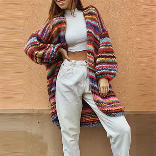 

Women's Stylish Long Knitted Striped Sweater Long Sleeve Sweater Cardigans V Neck Fall Winter Red