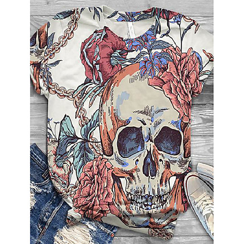 

Women's Plus Size Tops T shirt Flower Skeleton Print Short Sleeve Round Neck Basic Casual Spring Summer White Big Size L XL XXL XXXL