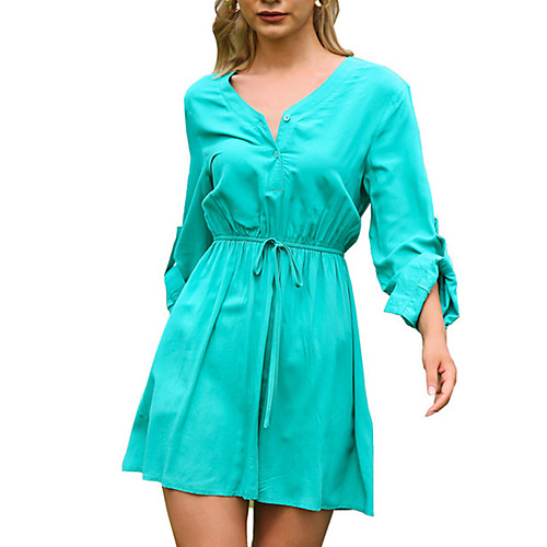 

Women's Sheath Dress Short Mini Dress Blue Green Navy Blue Long Sleeve Solid Color Button Summer V Neck Work Casual 2021 M L XL XXL 3XL