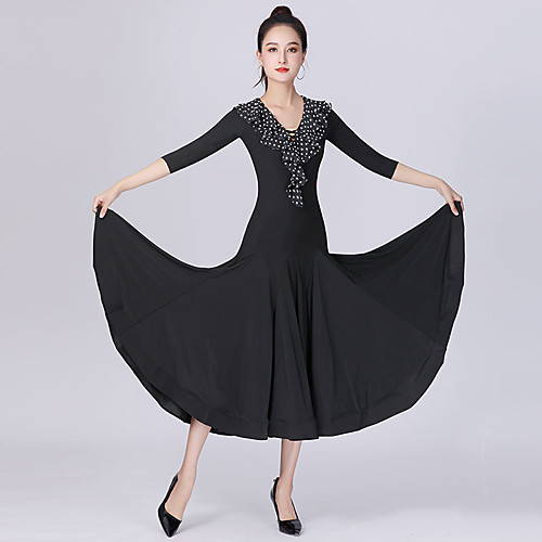 

Ballroom Dance Dress Ruffles Splicing Women's Training Performance 3/4 Length Sleeve Crystal Cotton Chiffon