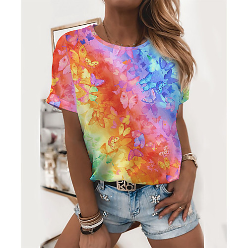 

Women's Abstract Butterfly Painting T shirt Butterfly Tie Dye Animal Print Round Neck Basic Tops Orange