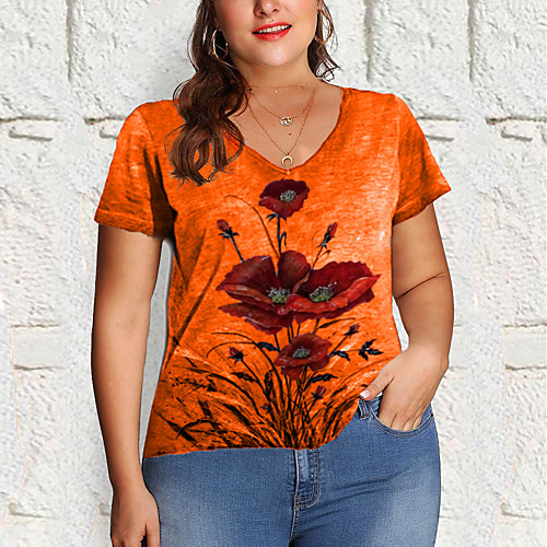

Women's Plus Size Tops T shirt Floral Short Sleeve V Neck Spring Summer Blue Purple Gray Big Size XL 2XL 3XL 4XL 5XL