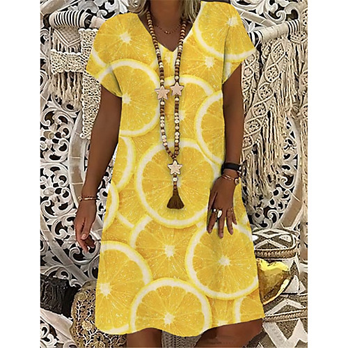 

Women's T Shirt Dress Tee Dress Knee Length Dress Yellow Short Sleeve Print Print Spring Summer V Neck Casual Holiday 2021 S M L XL XXL 3XL