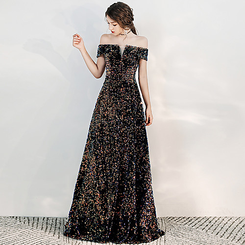 

A-Line Sparkle Elegant Wedding Guest Formal Evening Dress Off Shoulder Short Sleeve Floor Length Sequined with Pleats Sequin 2021