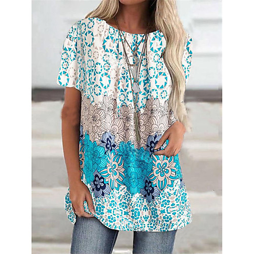 

Women's T Shirt Dress Tee Dress Short Mini Dress Blue Half Sleeve Floral Print Fall Summer Round Neck Casual 2021 S M L XL XXL 3XL