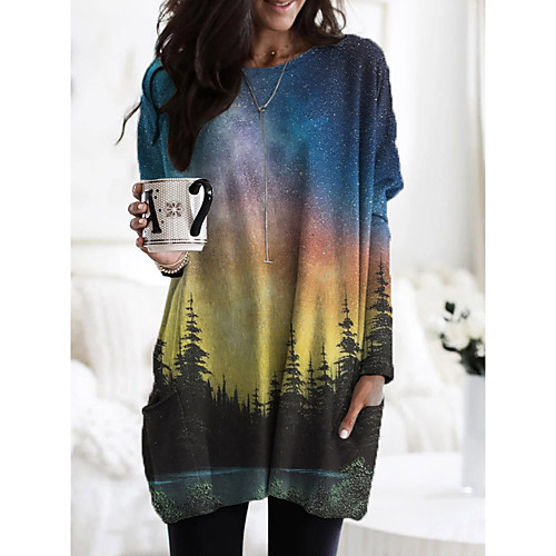 

Women's Abstract 3D Printed Painting T shirt Scenery Tie Dye 3D Long Sleeve Pocket Print Round Neck Basic Tops Yellow
