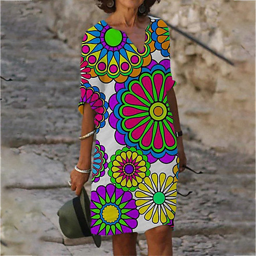 

Women's A Line Dress Knee Length Dress Purple Green 3/4 Length Sleeve Floral Print Summer V Neck Casual 2021 S M L XL XXL 3XL 4XL 5XL