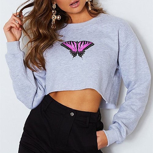 

Women's Crop Top Pullover Sweatshirt Butterfly Animal Crop Top Print Daily Going out Hot Stamping Casual Streetwear Hoodies Sweatshirts Yellow Gray White