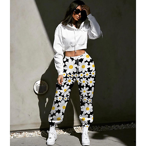 

Women's Designer Streetwear Comfort Going out Weekend Jogger Pants Graphic Flower / Floral Full Length Elastic Drawstring Design Print Yellow