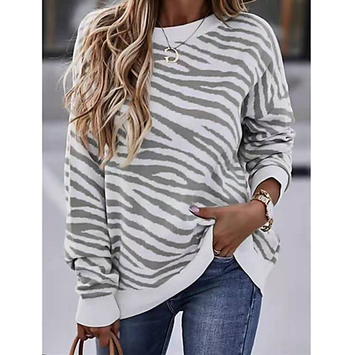 

Women's Painting T shirt Striped Long Sleeve Print Round Neck Basic Tops Blue Purple Gray