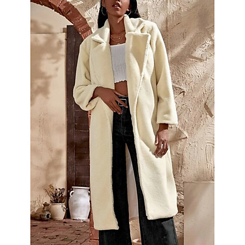 

Women's Teddy Coat Daily Winter Long Coat Regular Fit Casual Jacket Long Sleeve Solid Colored Fur Trim White / Faux Fur