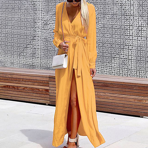 

Women's A Line Dress Maxi long Dress Yellow Black Red Long Sleeve Solid Color Split Fall V Neck Casual Boho 2021 S M L XL