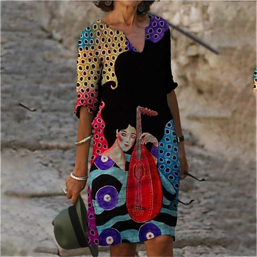 

Women's A Line Dress Knee Length Dress Blue Yellow Red 3/4 Length Sleeve Print Abstract Print Summer V Neck Casual 2021 S M L XL XXL 3XL 4XL 5XL