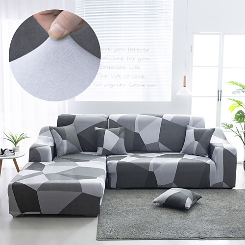 

Magic Grey Grid Sofa Cover 1-Piece Couch Cover Fit for 1-4 Seater L-shape Couch Soft Stretch Slipcover Spandex Jacquard Fabric Easy to Install(1 Free Cushion Cover)