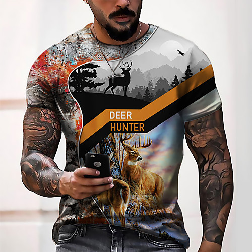 

Men's Tee T shirt Shirt 3D Print Graphic Elk Animal Plus Size Short Sleeve Casual Tops Basic Designer Slim Fit Big and Tall Gray Brown