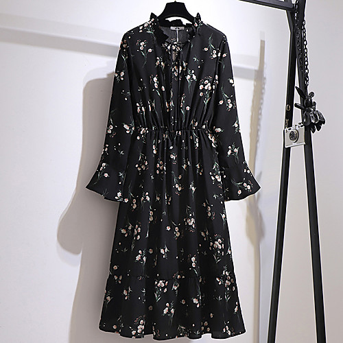 

Women's Plus Size Dress Chiffon Dress Midi Dress Long Sleeve Floral Lace up Print V Neck Casual Fall Summer Black XXL 3XL 4XL 5XL 6XL