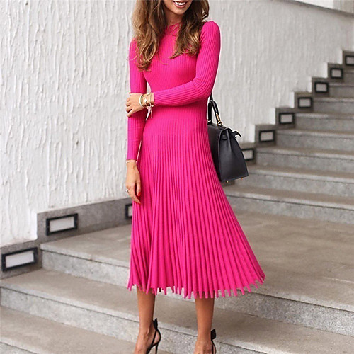 

Women's Sweater Jumper Dress Midi Dress Blue Blushing Pink Fuchsia Black Beige Long Sleeve Solid Color Ruched Fall Round Neck Casual 2021 S M L XL