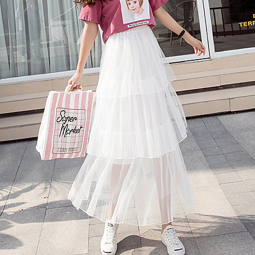 

Women's Casual / Daily Weekend Basic Streetwear Maxi Skirts Solid Colored Layered Tulle Gray White Black