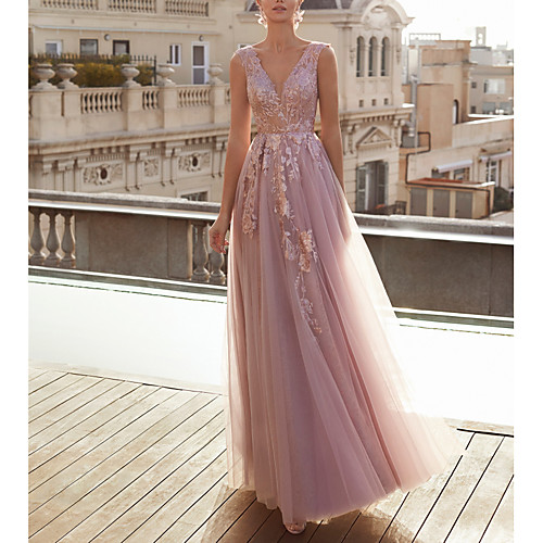 

A-Line Wedding Dresses V Neck Floor Length Lace Tulle Sleeveless Country Romantic with Lace Appliques 2021