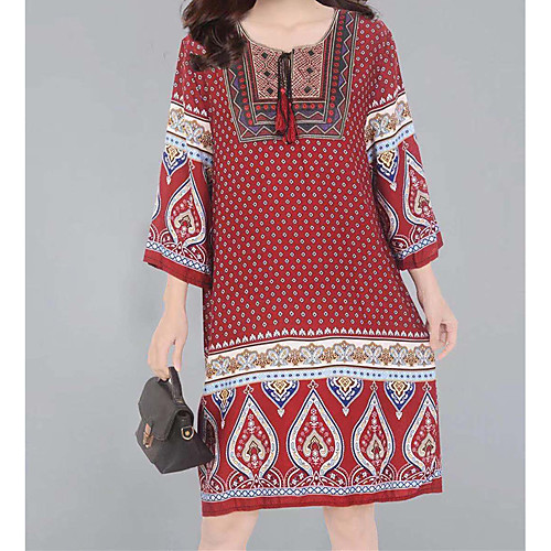 

Women's A Line Dress Knee Length Dress Blue Yellow Red 3/4 Length Sleeve Multi Color Geometic Spring Summer Ethnic 2021 M L XL XXL