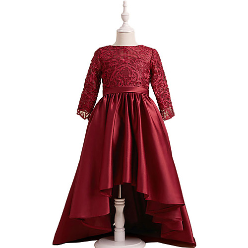 

A-Line Asymmetrical Flower Girl Dresses Party Satin Long Sleeve Jewel Neck with Bow(s)