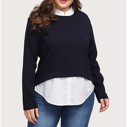 

Women's Plus Size Tops Shirt Color Block Fake two piece Long Sleeve Crewneck Casual Fall Spring Gray Navy Blue Big Size XL XXL 3XL 4XL 5XL