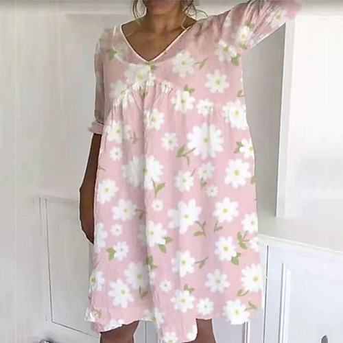 

Women's T Shirt Dress Tee Dress Short Mini Dress Blue Yellow Blushing Pink Green Short Sleeve Floral Print Summer V Neck Casual 2021 S M L XL XXL 3XL / Cotton