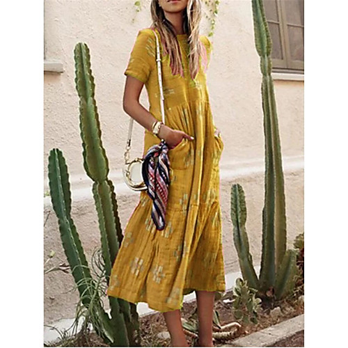 

Women's T Shirt Dress Tee Dress Midi Dress Blue Purple Yellow Short Sleeve Solid Color Summer Round Neck Casual Boho Holiday 2021 S M L XL XXL / Cotton / Cotton