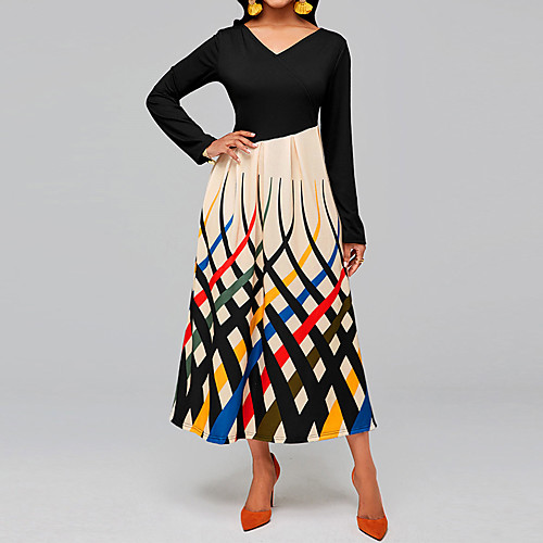 

Women's Sheath Dress Midi Dress Black Long Sleeve Geometric Print Fall Summer V Neck Elegant 2021 S M L XL XXL 3XL