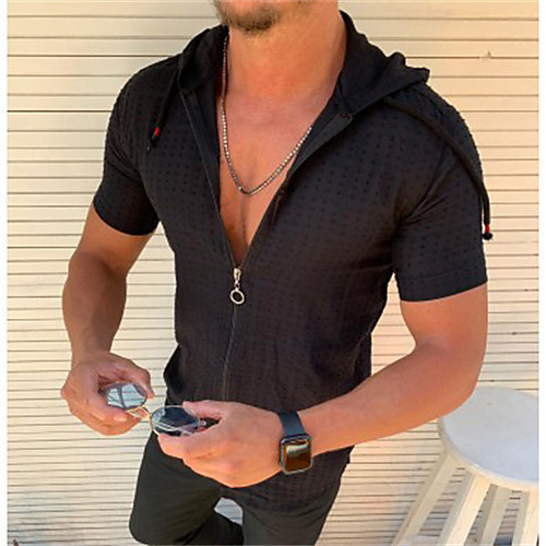 

Men's Shirt Lattice Short Sleeve Casual Tops Casual Hooded Green Orange White / Summer