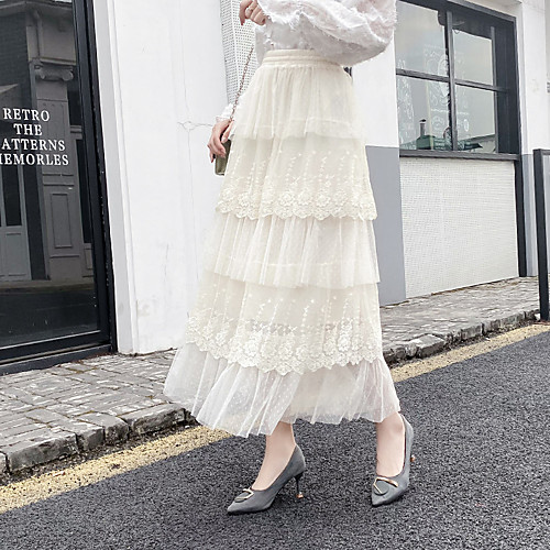

Women's Casual / Daily Weekend Basic Streetwear Maxi Skirts Solid Colored Layered Tulle Lace White Black Beige
