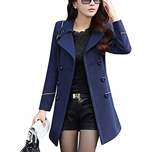 

ladies lapel wool coats women's double breasted slim fit trench jackets winter mid-long outwear fashion coat navy