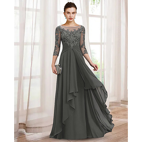 

A-Line Mother of the Bride Dress Elegant V Neck Floor Length Chiffon Lace 3/4 Length Sleeve with Ruffles Appliques 2021
