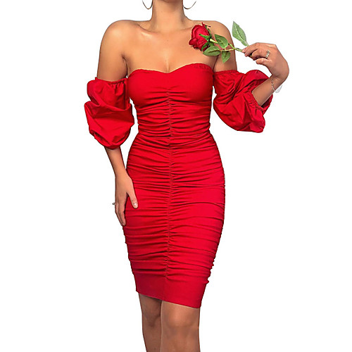 

Women's Sheath Dress Knee Length Dress Purple Orange Red Half Sleeve Solid Color Ruched Summer Off Shoulder Casual Sexy 2021 S M L XL XXL 3XL