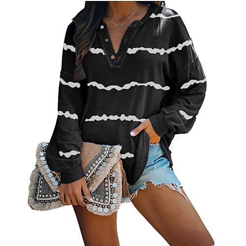 

Women's Painting T shirt Striped Long Sleeve Button V Neck Basic Tops Blushing Pink Gray Khaki