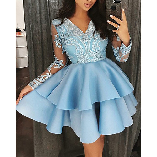 

A-Line Elegant Floral Engagement Cocktail Party Dress V Neck Long Sleeve Short / Mini Satin with Ruffles Tier Lace Insert 2021
