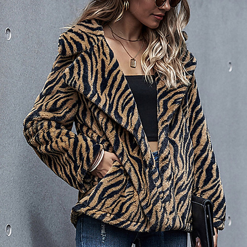 

Women's Faux Fur Coat Daily Fall & Winter Regular Coat Shirt Collar Regular Fit Jacket Long Sleeve Leopard Fur Trim Brown
