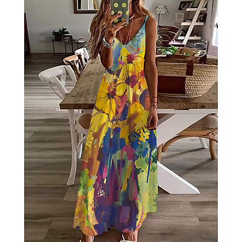 

Women's A Line Dress Maxi long Dress Yellow Sleeveless Floral Print Summer V Neck Casual Holiday 2021 S M L XL XXL 3XL