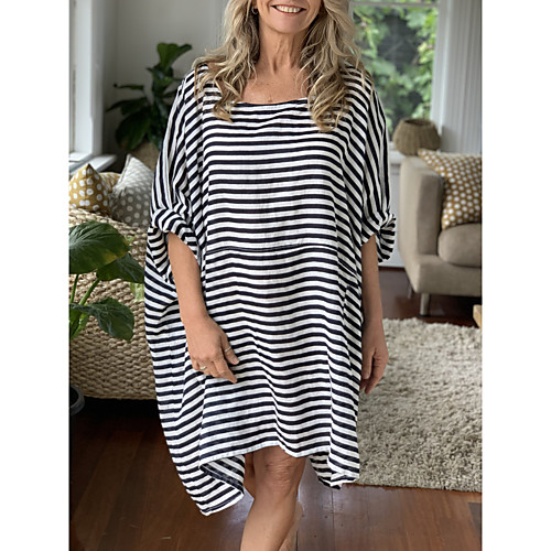 

Women's T Shirt Dress Tee Dress Short Mini Dress Black Half-Sleeve Striped Print Spring, Fall, Winter, Summer Round Neck Casual 2021 S M L XL XXL