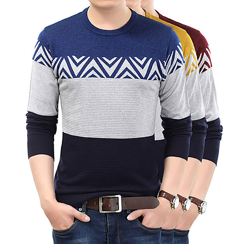 

Men's Stylish Vintage Style Knitted Color Block Pullover Sweater Long Sleeve Sweater Cardigans Crew Neck Fall Winter Blue Yellow Red