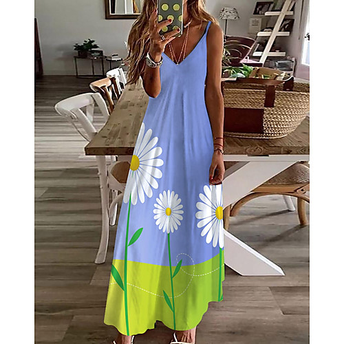 

Women's A Line Dress Maxi long Dress Blue Sleeveless Floral Print Summer V Neck Casual 2021 S M L XL XXL 3XL