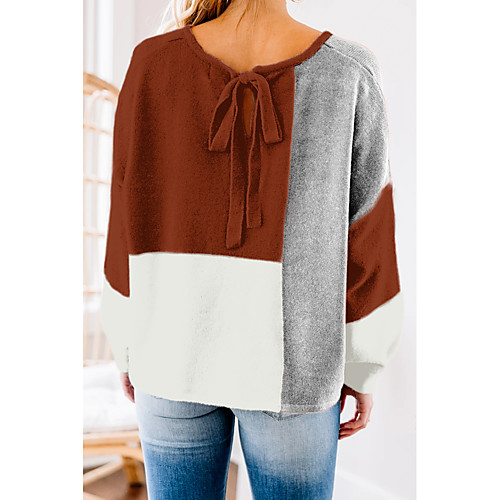 

Women's Casual Color Block Pullover Sweater Long Sleeve Sweater Cardigans Round Neck Fall Spring caramel Blushing Pink khaki