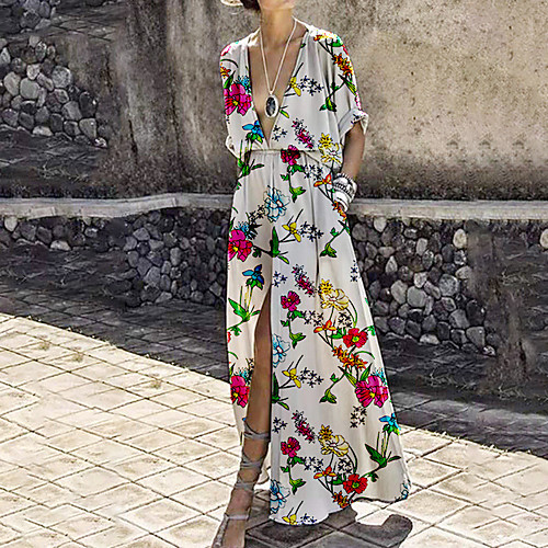 

Women's A Line Dress Maxi long Dress Green Half Sleeve Floral Pocket Print Summer V Neck Casual 2021 S M L XL XXL 3XL