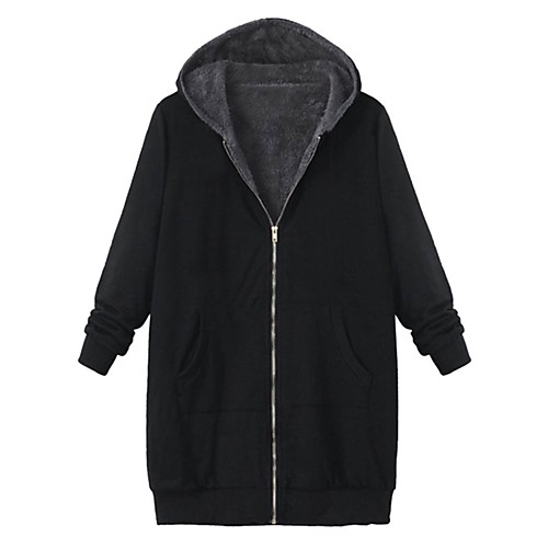 

Women's Coat Causal Fall Winter Long Coat Regular Fit Basic Casual Jacket Solid Color Zipper Gray Black / Faux Fur