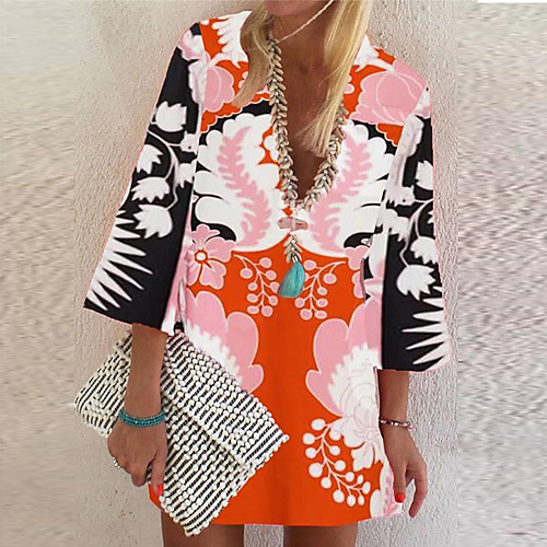 

Women's T Shirt Dress Tee Dress Short Mini Dress Blue Purple Yellow Blushing Pink Green White 3/4 Length Sleeve Floral Print Summer V Neck Casual 2021 S M L XL
