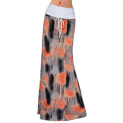 

Women's Holiday Vacation Basic Streetwear Maxi Skirts Floral / Botanical Drawstring Print Blue Khaki Orange
