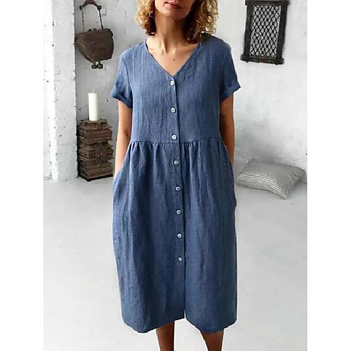 

Women's A Line Dress Midi Dress Light Blue Dark Blue Short Sleeve Solid Color Spring Summer Casual 2021 S M L XL XXL XXXL / Cotton