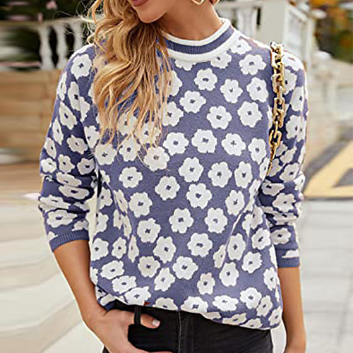 

Women's Florals Pullover Sweater Long Sleeve Sweater Cardigans Round Neck Blue khaki Black
